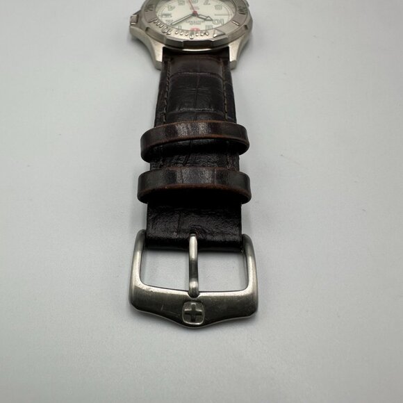 Swiss Military Watch Men Silver Tone Brown Leather Band Water Resistant Works - Picture 5 of 12